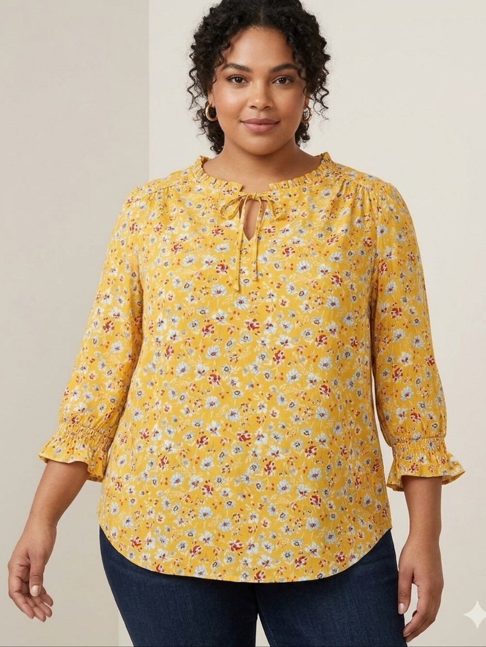 Carolina Belle Yellow Floral Peasant Blouse 1X